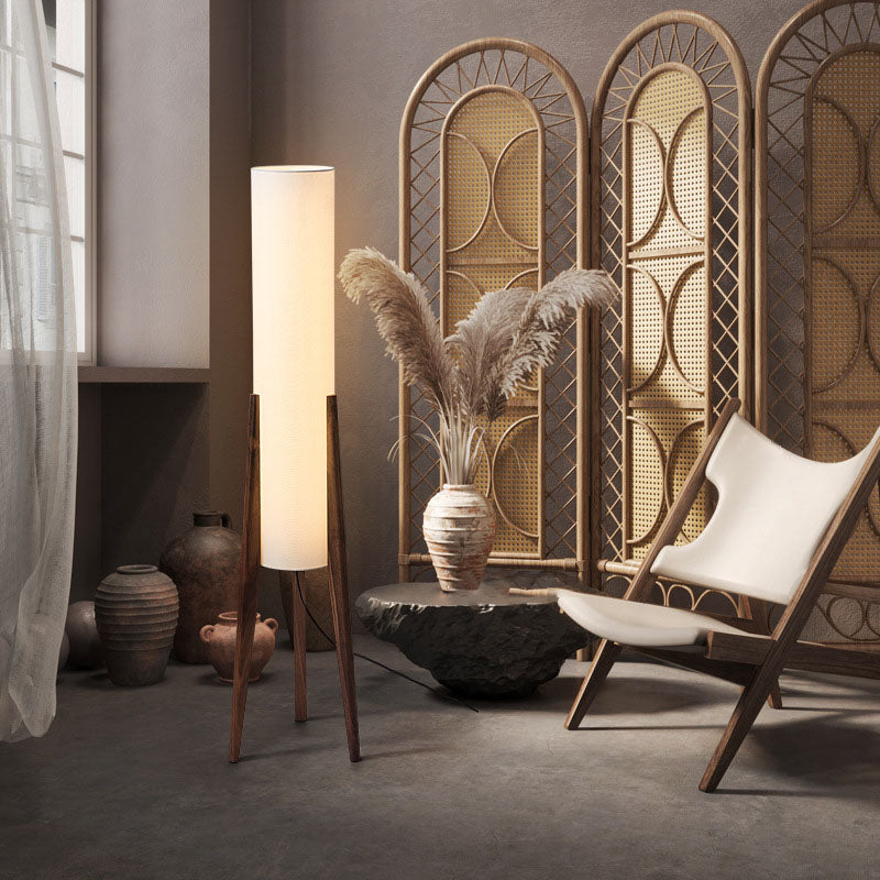 Pantalla cilíndrica de tela china tradicional con trípode de madera y lámpara de pie de 1 luz para estudio 