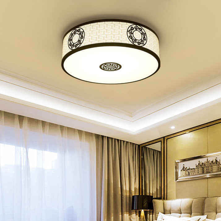 Traditional Chinese Round Fabric Drum LED Flush Mount Ceiling Light For Living Room