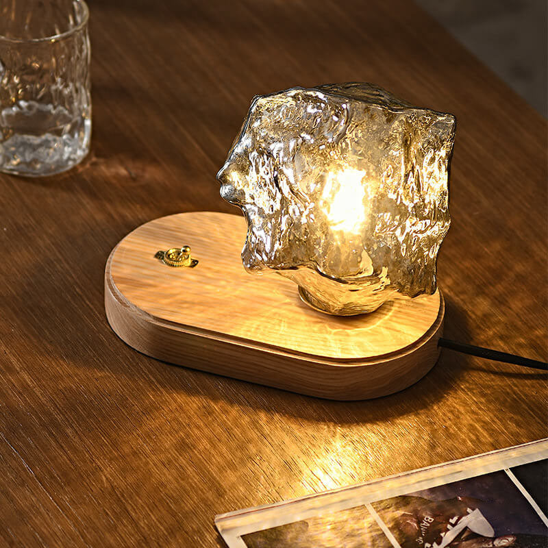 Japanische Vintage Walnuss Unregelmäßige Glaslampenschirm 1-Licht Tischlampe 