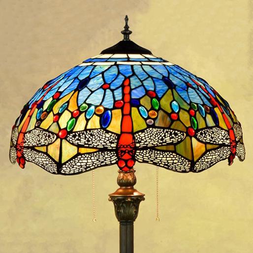 Lampe de sol vintage Tiffany en verre teinté avec libellule bleue à 2 lumières 
