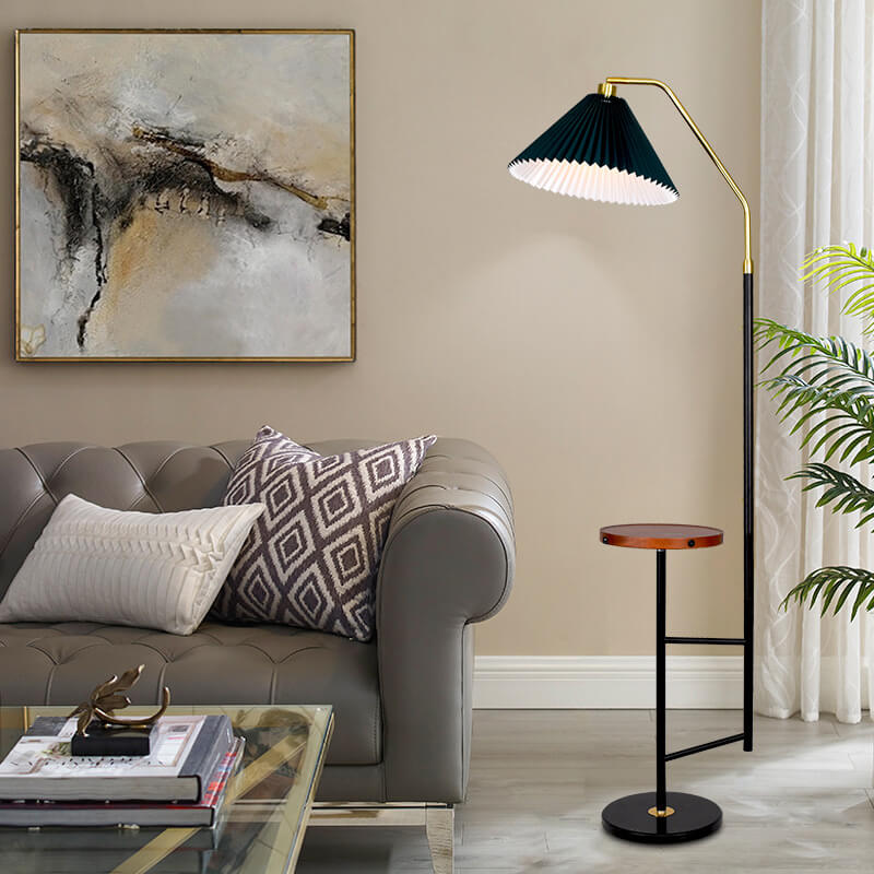 Nordic Minimalist Pleated Shade Marble Solid Wooden Shelf 1-Light Standing Floor Lamp