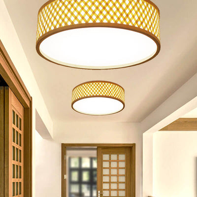 Modern Simple Round Bamboo Weaving 3-Light Flush Mount Ceiling Light