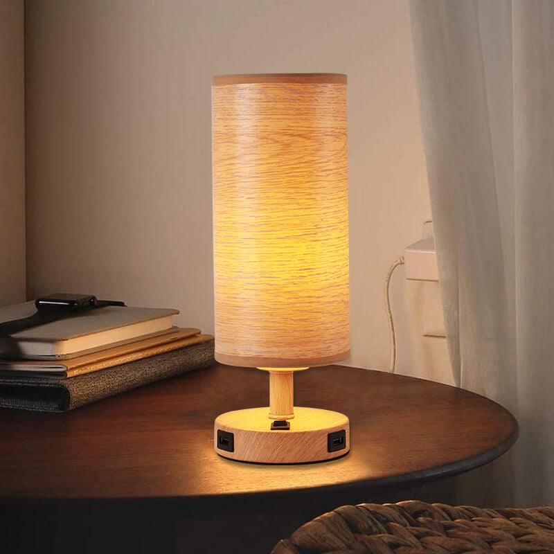 Moderne Tischlampe mit Holzmaserung Stoffschirm 1-Licht 