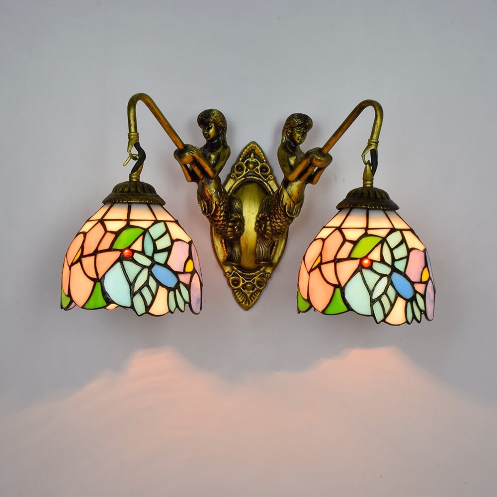 European Tiffany Mermaid Stained Glass 2-Light Wall Sconce Lamp