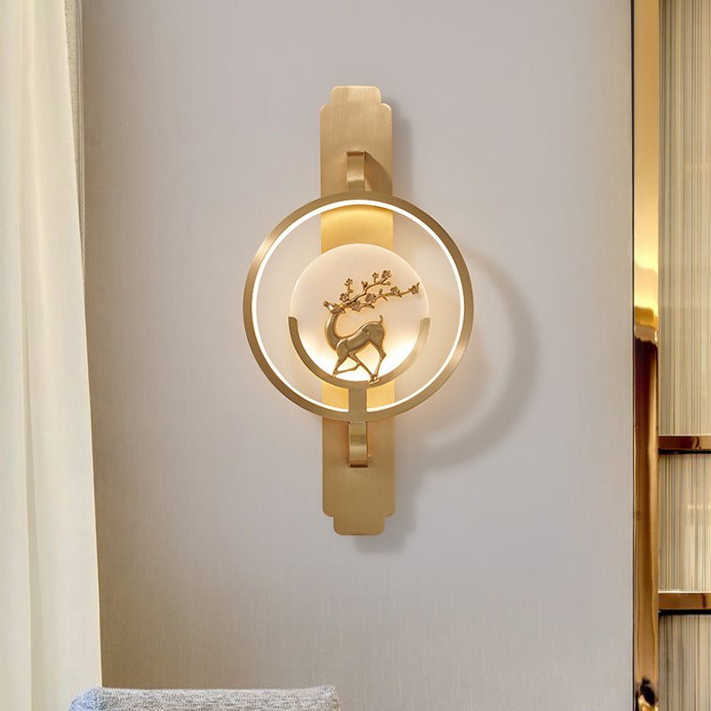 Aplique de pared LED de mármol y cobre redondo con diseño de ciervo de lujo moderno 