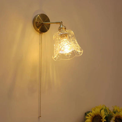 Lámpara de pared de 1 luz de latón y vidrio simple de lujo ligero francés con cable de tiro 