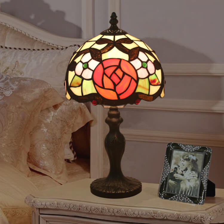 Vintage Tiffany Blume Buntglas Kuppel 1-Licht Tischlampe 