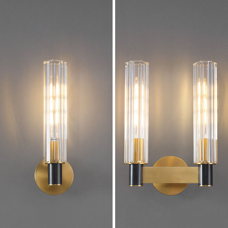 Moderne luxuriöse Zylinder-Wandleuchte aus Kupfer und Glas mit 1/2-flammigem Licht für das Schlafzimmer 
