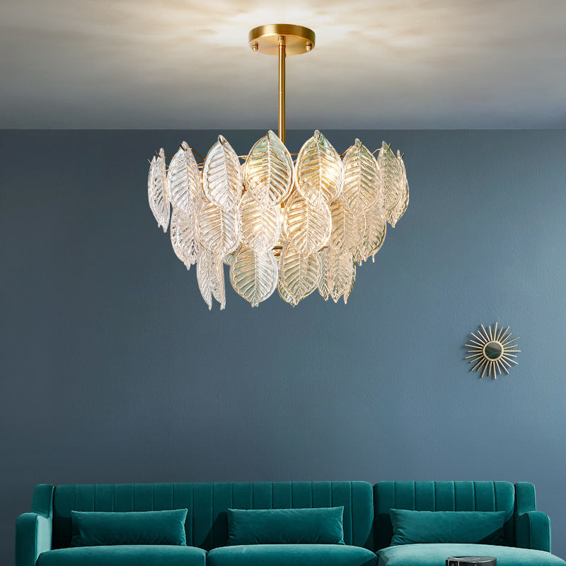 Traditioneller französischer Provinzrahmen mit Goldfinish, Blättermuster-Glasscheibe, 5/7/9/15-Licht-Kronleuchter für das Wohnzimmer 