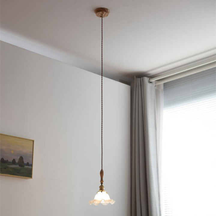 Moderne nordische Pendelleuchte mit Glas, Walnussholz und Blütenblatt-Design, 1-flammig, für Wohnzimmer &amp; Schlafzimmer 