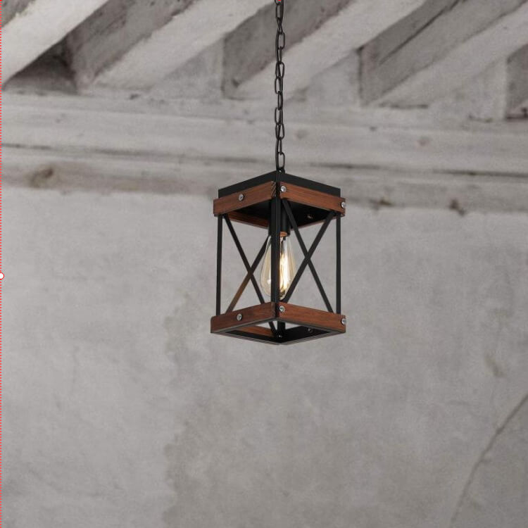 Iron Wooden Cage 1-Light Adjustable Square Pendant Light