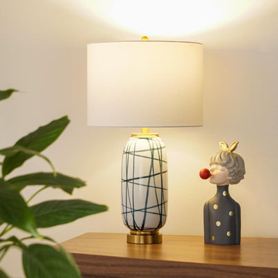 Lámpara de Mesa de 1 Luz de Tela de Tambor de Cerámica con Rayas Verdes de Lujo Nórdico 