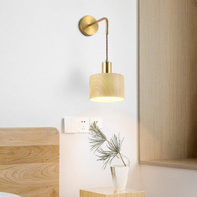 Nordic Minimalist Wood Grain Drum 1-Light Wall Sconce Lamp