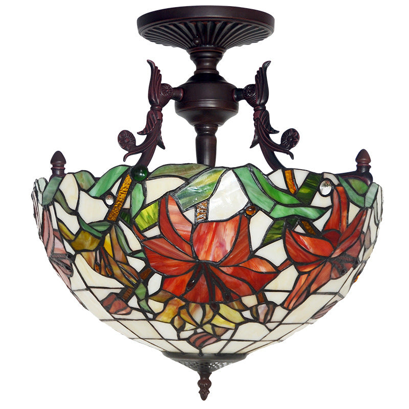 Traditional Tiffany Stained Glass Lily Flower Dome 3-Light Semi-Flush Mount Ceiling Light For Living Room