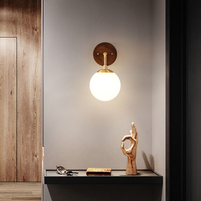 Contemporary Nordic Walnut Brass Glass Round Orb 1-Light Wall Sconce Lamp for Living Room