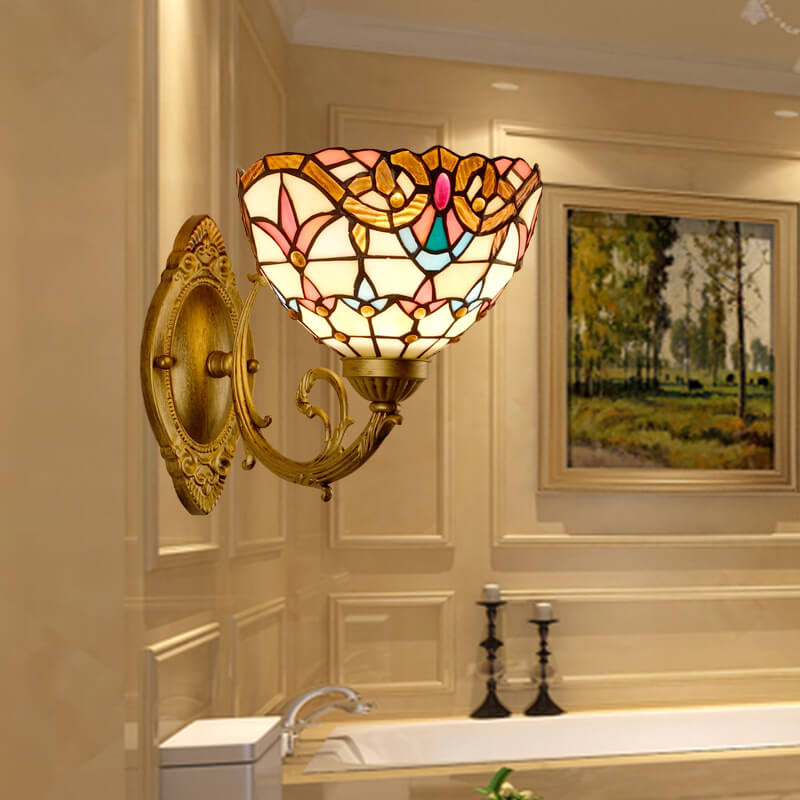 Vintage Tiffany Baroque Stained Glass Round 1-Light Wall Sconce Lamp