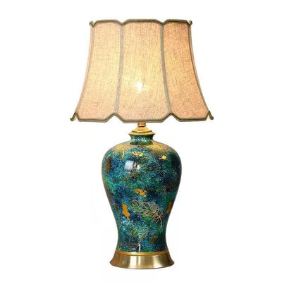 Lámpara de mesa de 1 luz con base de cerámica y pantalla de tela china tradicional para hogar u oficina 
