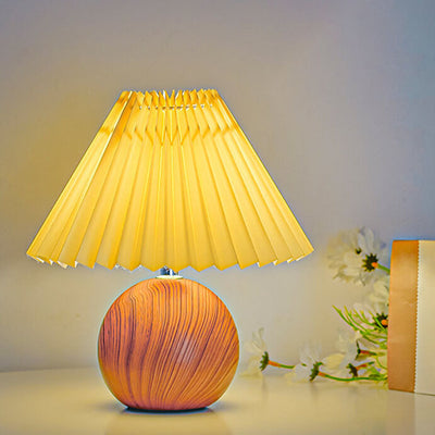 Nordic Vintage Pleated Wood Ball Base LED Table Lamp