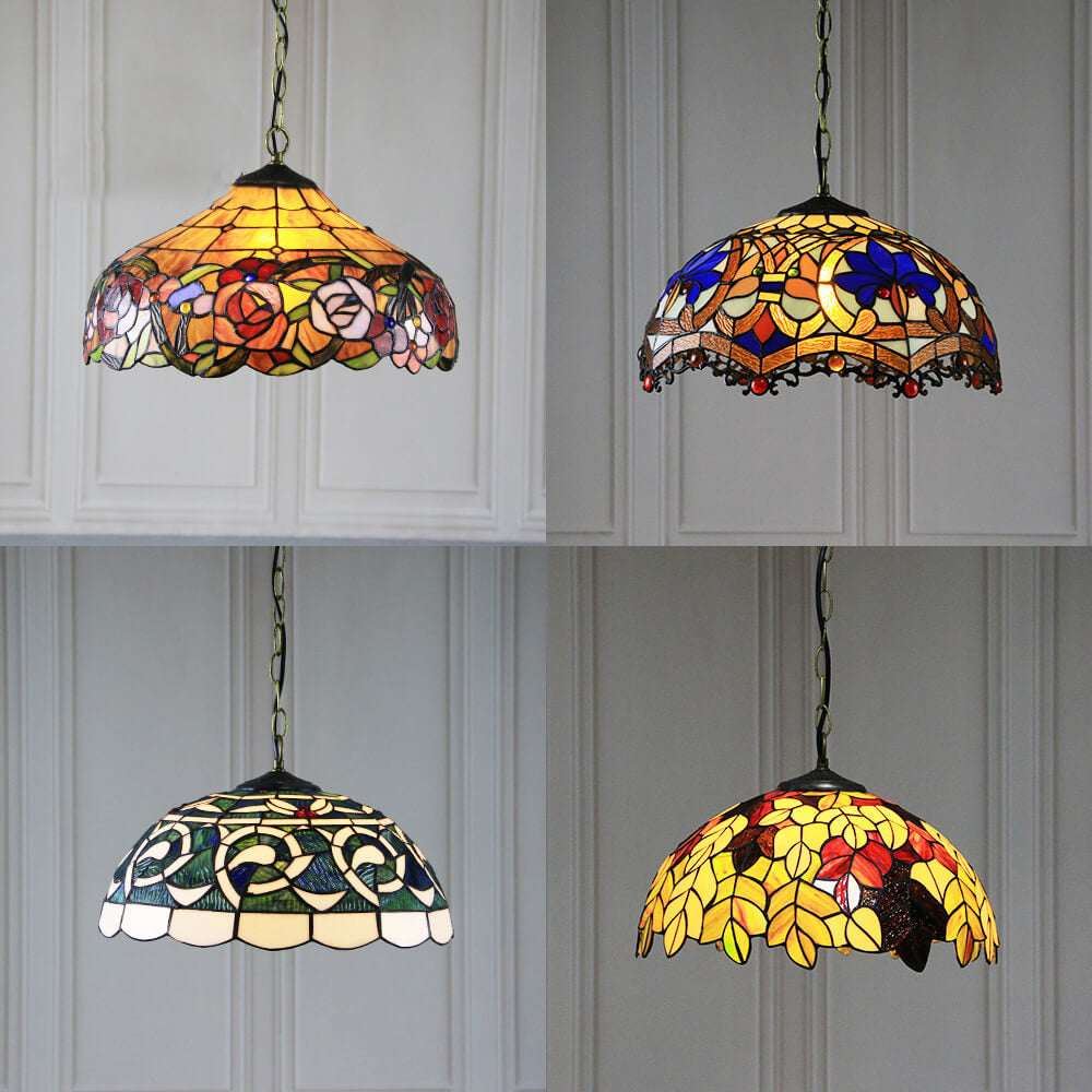 Lámpara colgante de 1 luz con cúpula de vidrio teñido estilo Tiffany Rustic 