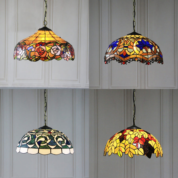 Lámpara colgante de 1 luz con cúpula de vidrio teñido estilo Tiffany Rustic 