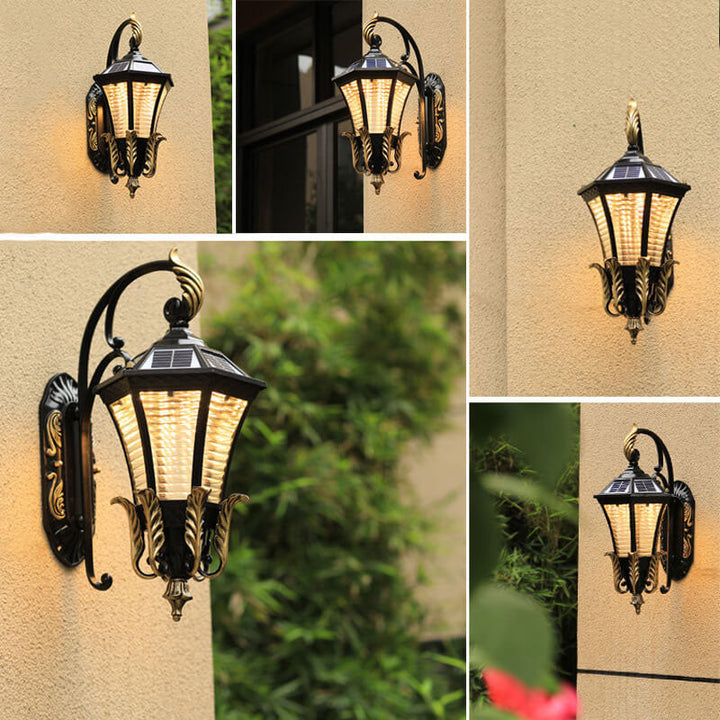European Solar Hexagonal Lantern Outdoor Waterproof Patio LED Wall Sconce Lamp