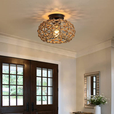Traditionelle rustikale Hanfseil-Weberei Eisenkäfig 1-Licht Semi-Flush Mount Deckenleuchte für Schlafzimmer 