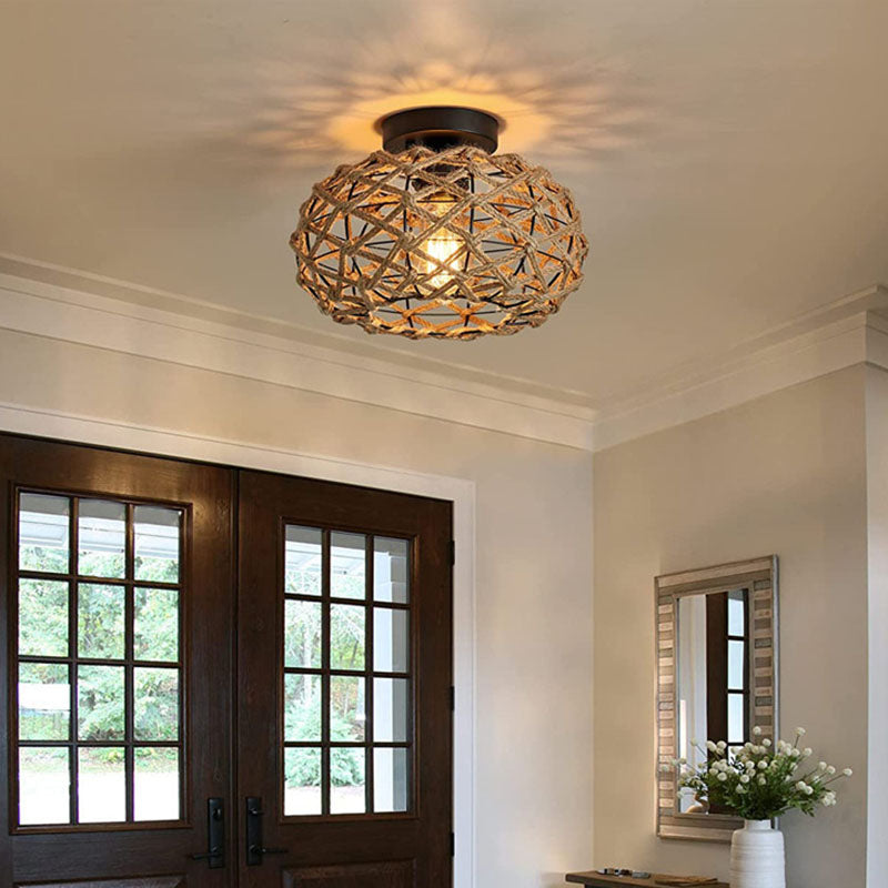 Traditionelle rustikale Hanfseil-Weberei Eisenkäfig 1-Licht Semi-Flush Mount Deckenleuchte für Schlafzimmer 