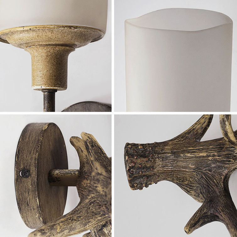 Contemporary Industrial Antler Resin Glass Cylinder 1-Light Wall Sconce Lamp For Living Room &amp; Bedroom