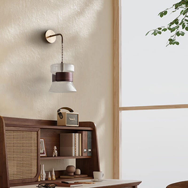 Japanese Minimalist Walnut Scalloped Glass Lampshade 1-Light Wall Sconce Lamp