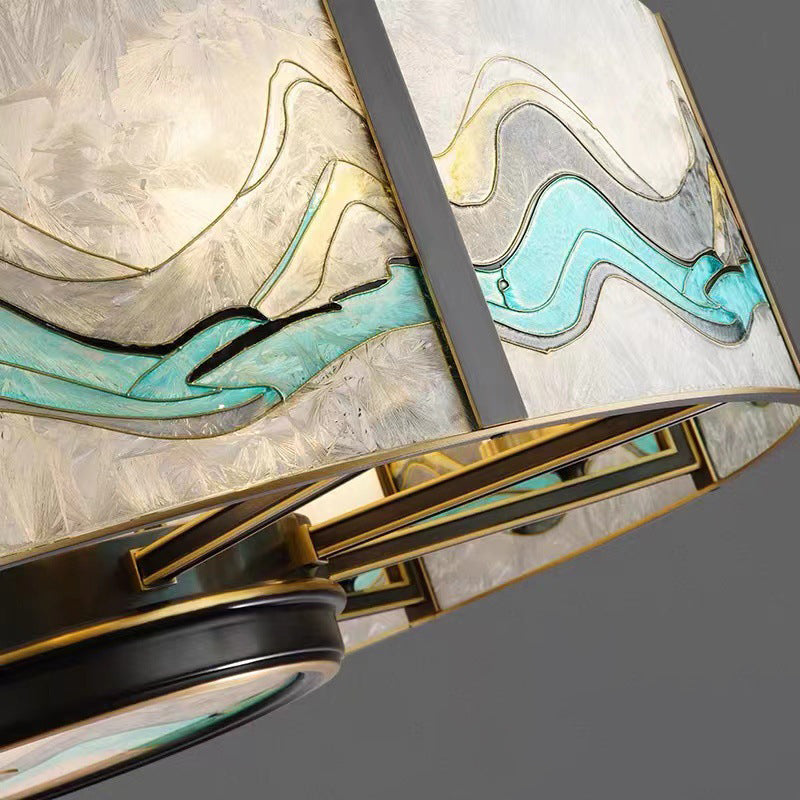 Cylindre en verre émaillé chinois traditionnel avec cadre en laiton 4/6 lumières lustre pour salon 