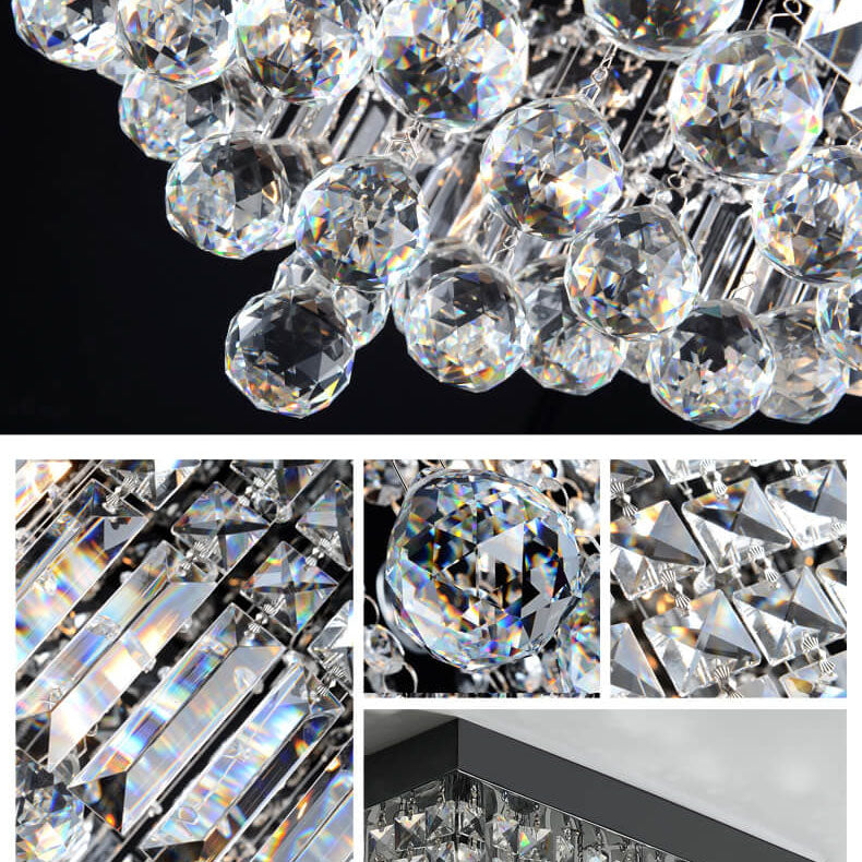 Traditional European Square Crystal Beaded Curtain 4-Light Flush Mount Ceiling Light For Living Room