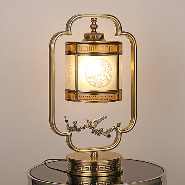 Lampe de table en verre chinois avec une lumière et sculpture en cuivre 