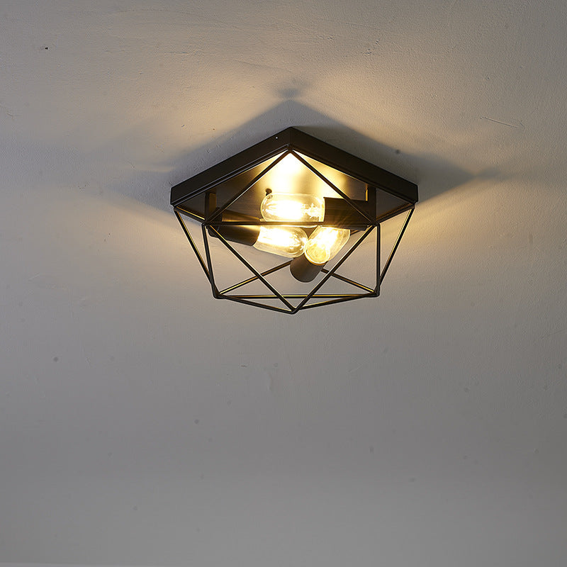 Vintage Industrial Black Iron Diamond Geometry 3-Light Flush Mount Ceiling Light