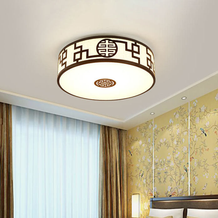 Traditional Chinese Round Fabric Drum LED Flush Mount Ceiling Light For Living Room