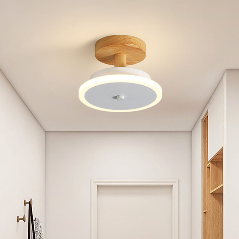 Nordic Flat Round Wood Base LED Semi-Flush Mount Ceiling Light