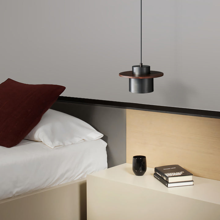 Contemporary Nordic Cylindrical Walnut Copper 1-Light Pendant Light For Living Room &amp; Bedroom