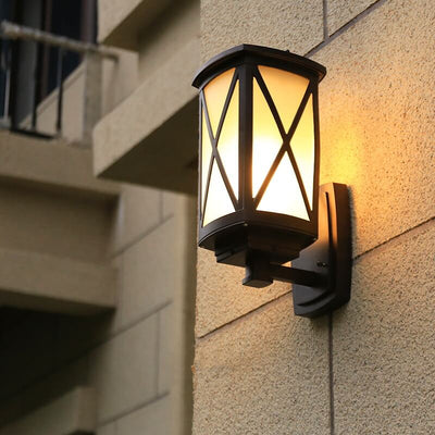 Solar Chinese Outdoor Square Column Cage 1-Light Wall Sconce Lamp