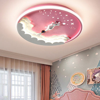 Contemporary Creative Cartoon Rocket Unicorn Acrylic Round Shade LED Kids Flush Mount Ceiling Light For Bedroom