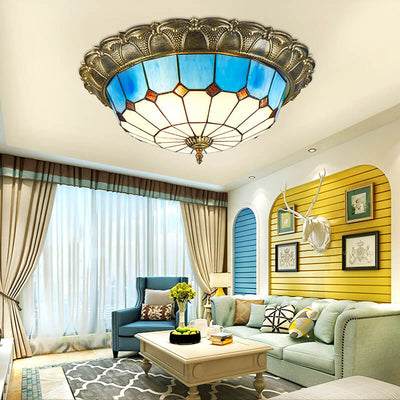 Tiffany Mediterranean Stained Glass Round LED Flush Mount Ceiling Light