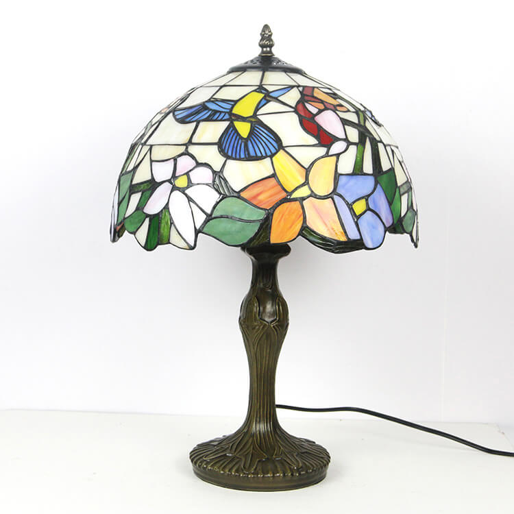 Lámpara de mesa de 1 luz con pantalla abombada de vidrio y aleación, estilo rústico floral Tiffany tradicional, para dormitorio 