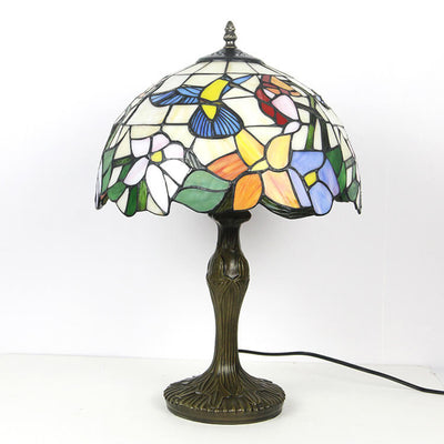 Lampe de table à un feu avec dôme en verre teinté floral rustique Tiffany 
