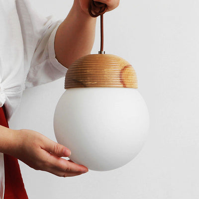 Japanese Vintage Minimalist Wooden Round Head Glass 1-Light Pendant Light