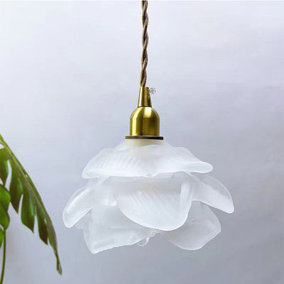 Modern Art Deco Brass Floral Glass Shade 1-Light Pendant Light For Bedroom