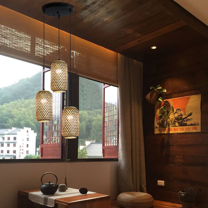 Lámpara colgante lineal de 3 luces con columna de bambú y hierro, estilo moderno minimalista, para comedor 