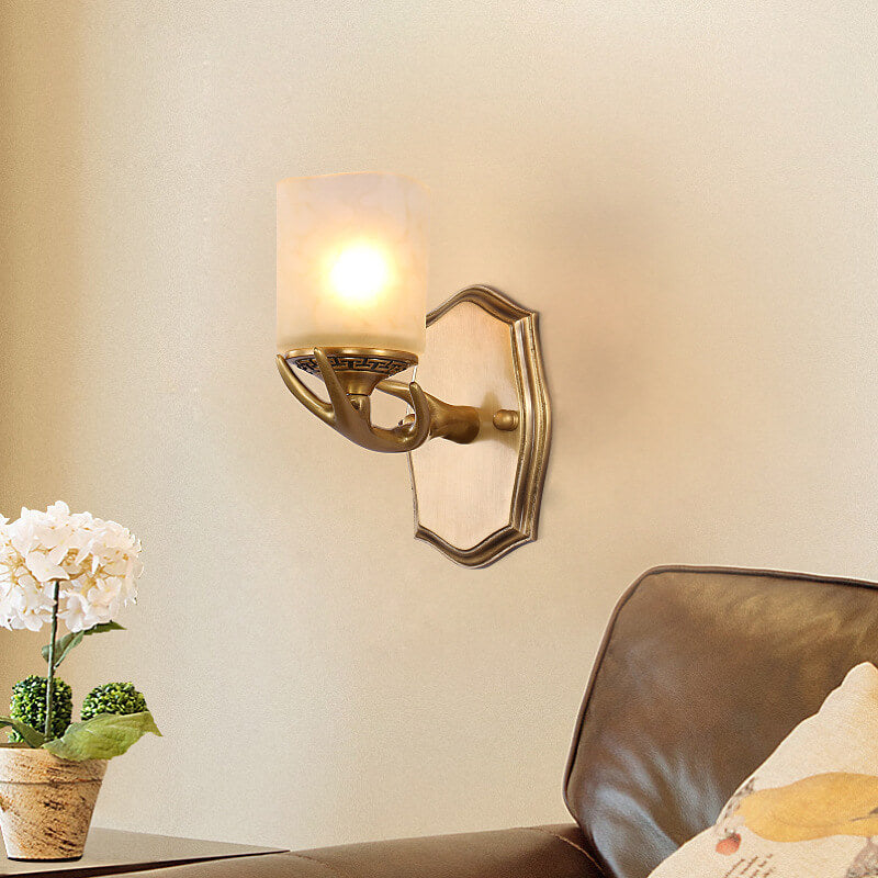 European Vintage Antler Brass Glass 1-Light Wall Sconce Lamp