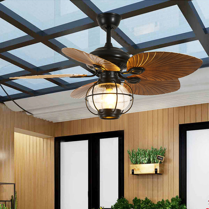 Traditional Rustic Lantern Banana Shaped Fan Leaf Iron Glass 1-Light Downrods Ceiling Fan Light For Living Room