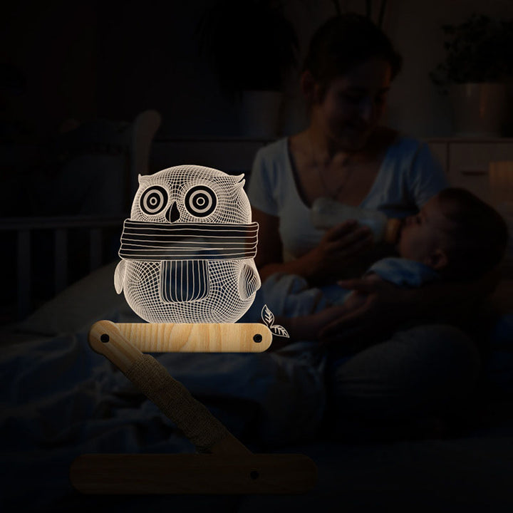 Lampe de table LED Creative Owls avec base en bois massif acrylique 