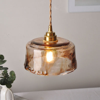 Vintage Amber Drum Round Glass Brass 1-Light Pendant Light