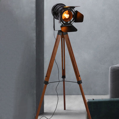 Industrial Vintage Solid Wood Iron Photographer Tripod 1-Light Standing Floor Lamp