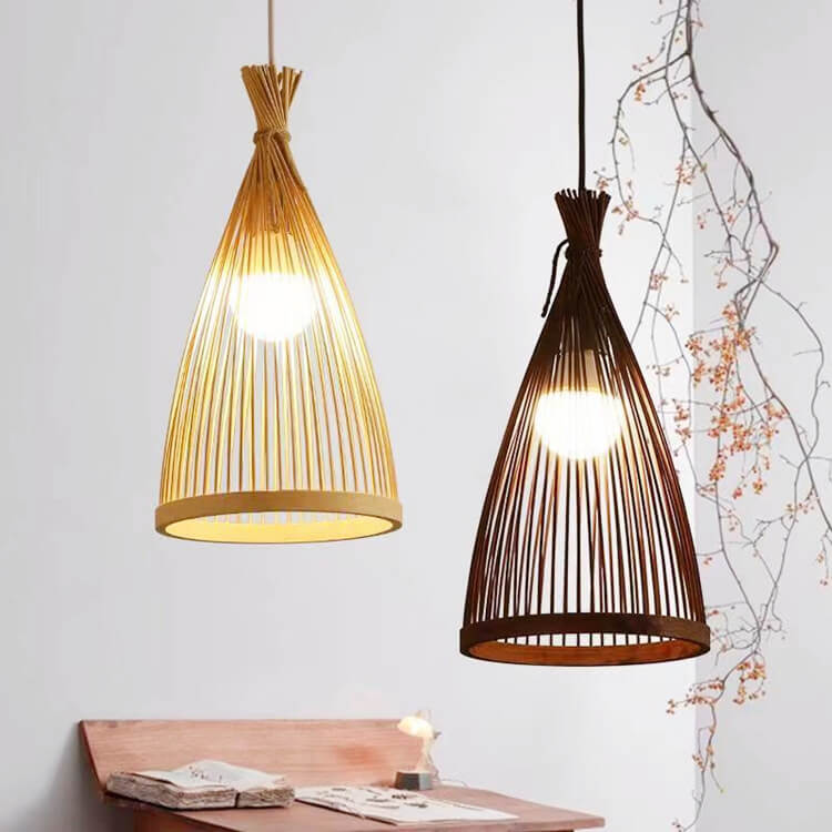 Suspension Luminaire Style Japonais Vintage Tressage de Rotin Conique 1 Lumière 